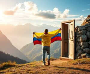 Expatriate holding Colombian flag with Andean mountains in the background, symbolizing the gateway to Colombian permanent residency