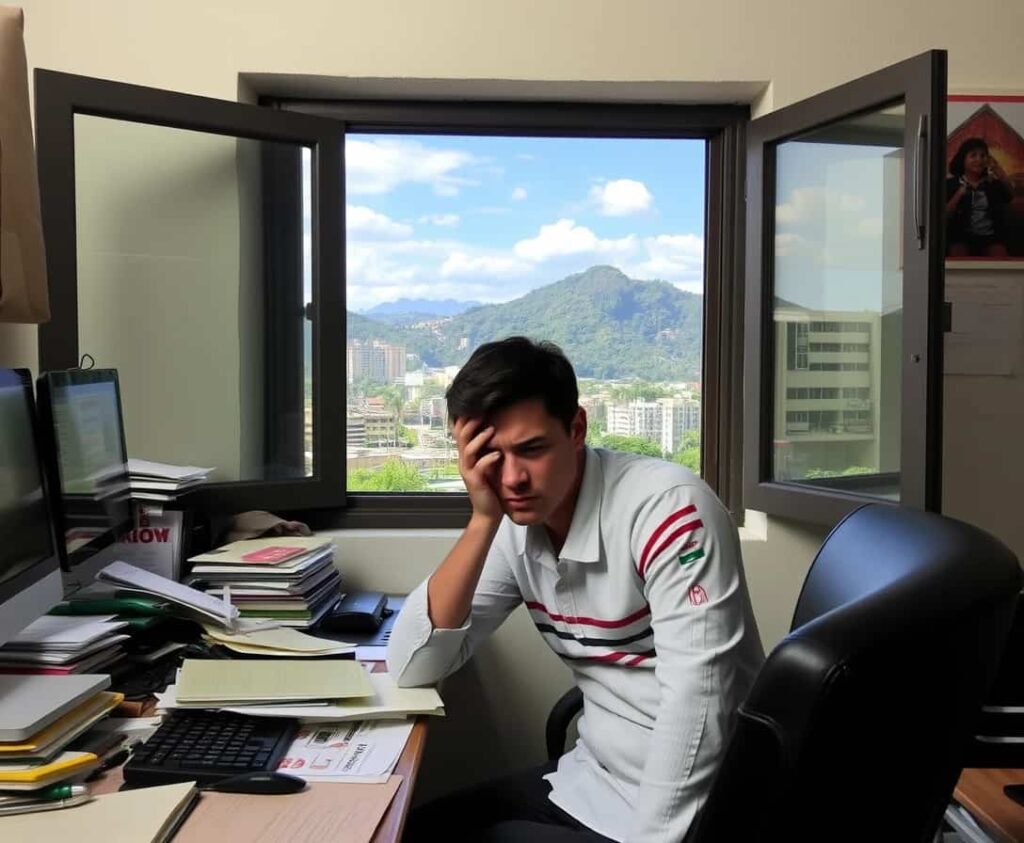 A detailed image showing a person sitting at a desk cluttered with documents and a laptop. The person looks stressed, with their hands in their hair, symbolizing frustration. Surrounding them are stacks of paperwork with visible red stamps that say "Rejected" on a few sheets. A calendar on the wall behind them shows marked dates, indicating deadlines. In the background, there’s a window with a view of Colombian landmarks like the mountains and palm trees, symbolizing the dream of living in Colombia. The overall atmosphere is one of anxiety and pressure, reflecting the difficulties and mistakes in the residency application process.