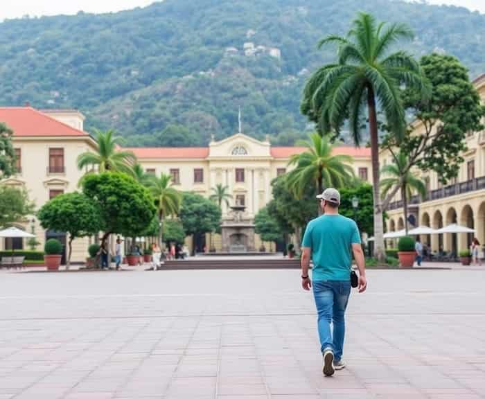 Una persona (de aspecto extranjero) con documentos en la mano, en un ambiente urbano colombiano con un salvo condcuto